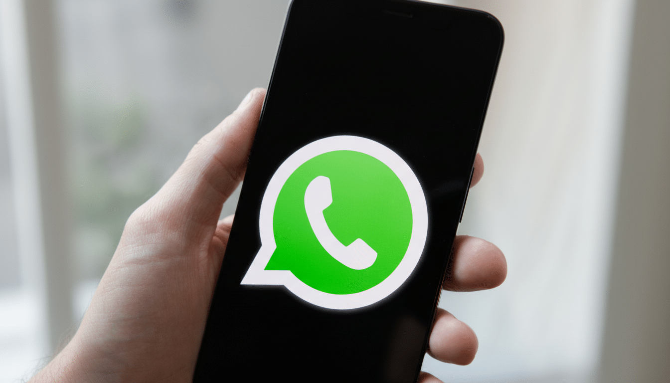 A hand holding a smartphone displaying the WhatsApp logo on its screen. Filename : whatsapplogo onsmartphone .png