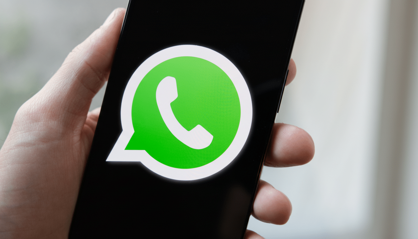 A hand holding a smartphone displaying the WhatsApp logo on its screen. Filename : whatsapplogo onsmartphone .png