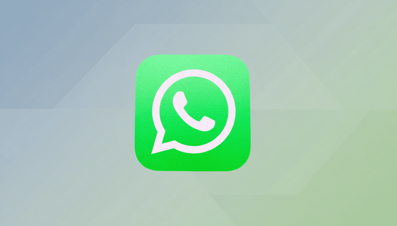 The WhatsApp logo with a white phone icon in a green speech bubble, presented on a professional flat design background with soft gray and green geometric patterns. Filename : whatsapplogo professional background.png
