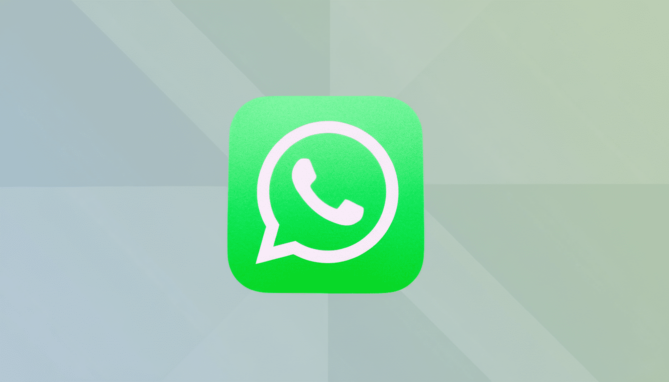 The WhatsApp logo, a white phone icon in a green speech bubble, centered on a professional flat design background with soft gray and green gradients and subtle geometric patterns. Filename : whatsapplogo professional background.png