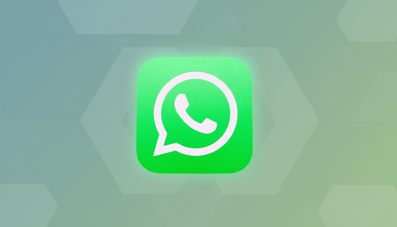 The WhatsApp logo, a white phone icon in a speech bubble on a vibrant green square with rounded corners, is centered against a professional flat design background of soft green and blue gradients with subtle hexagonal patterns, presented in a 1 6:9 aspect ratio. Filename : whatsapplogo professional background.png