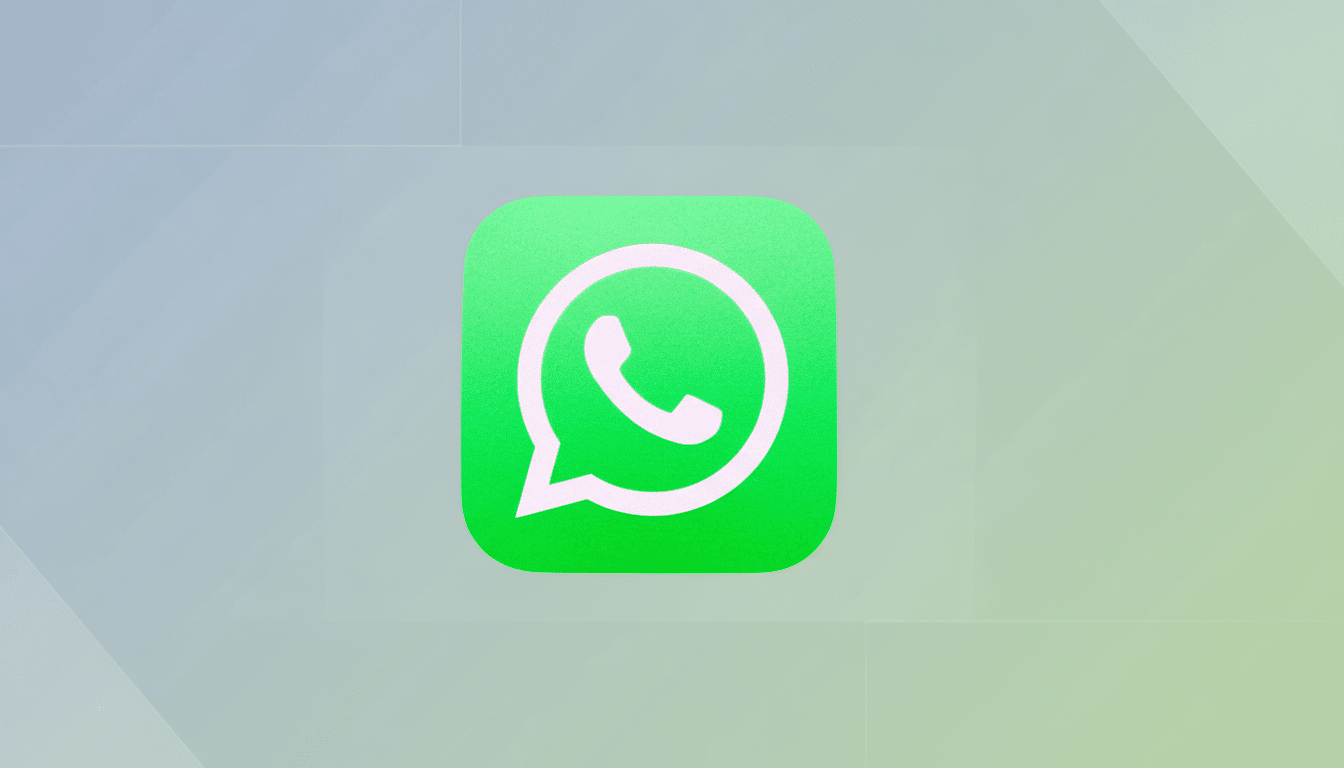 The WhatsApp logo, a white phone icon in a speech bubble on a vibrant green square with rounded corners, is centered against a professional flat design background featuring soft , light blue and green gradients and subtle geometric patterns.
