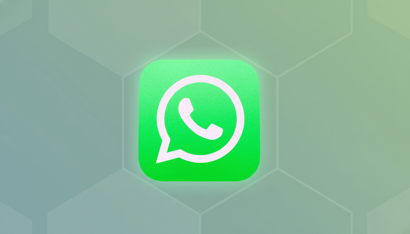 The WhatsApp logo is centered against a professional flat design background with a soft green and gray gradient and subtle hexagonal patterns, presented in a 1 6:9 aspect ratio. Filename : whatsapplogo professional background.png