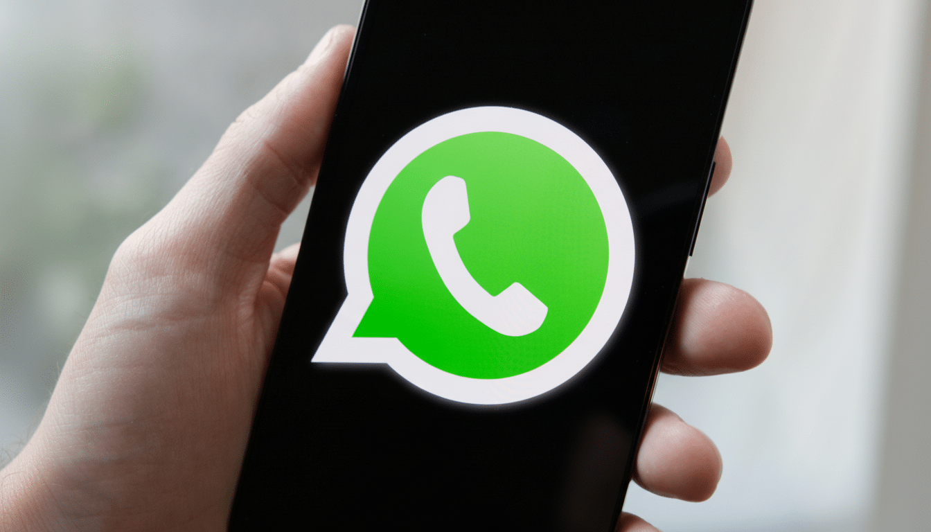 A hand holding a smartphone displaying the WhatsApp logo on its screen, resized to a 16:9 aspect ratio.