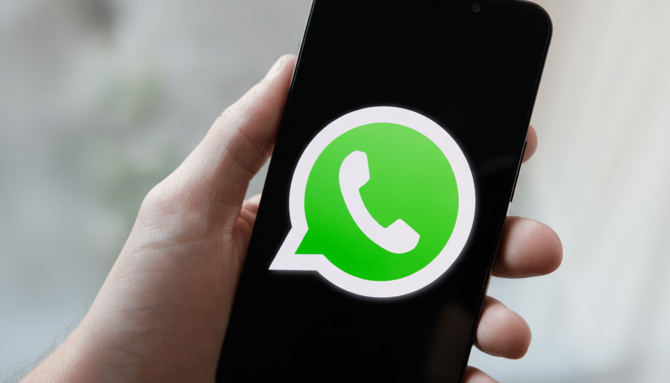 A hand holding a smartphone displaying the WhatsApp logo on its screen. The image has been resized to a 16: 9 aspect ratio, professionally enhanced, with the original background maintained .