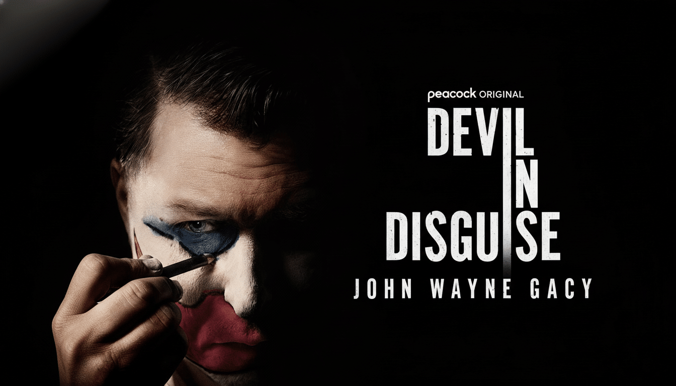 A promotional image for Devil in Disgu ise: John Wayne Gacy showing a man in the process of applying clown makeup to his face, with text on a black background.