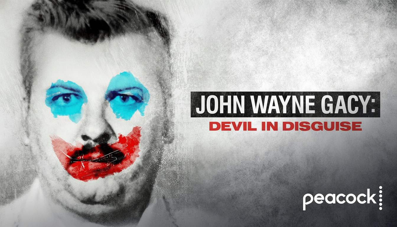 Promotional image for  John Wayne Gacy : Devil in Dis guise showing a black and white image of a man' s face with blue paint around his eyes and red paint on his mouth , resembling clown makeup. The title and Peacock logo are on the right side.