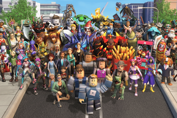 A large group of diverse Roblox characters and avatars, including human -like figures, fantastical creatures, and block y characters , are gathered together on a street , some waving and smiling , with urban buildings and trees in the background under a blue sky.