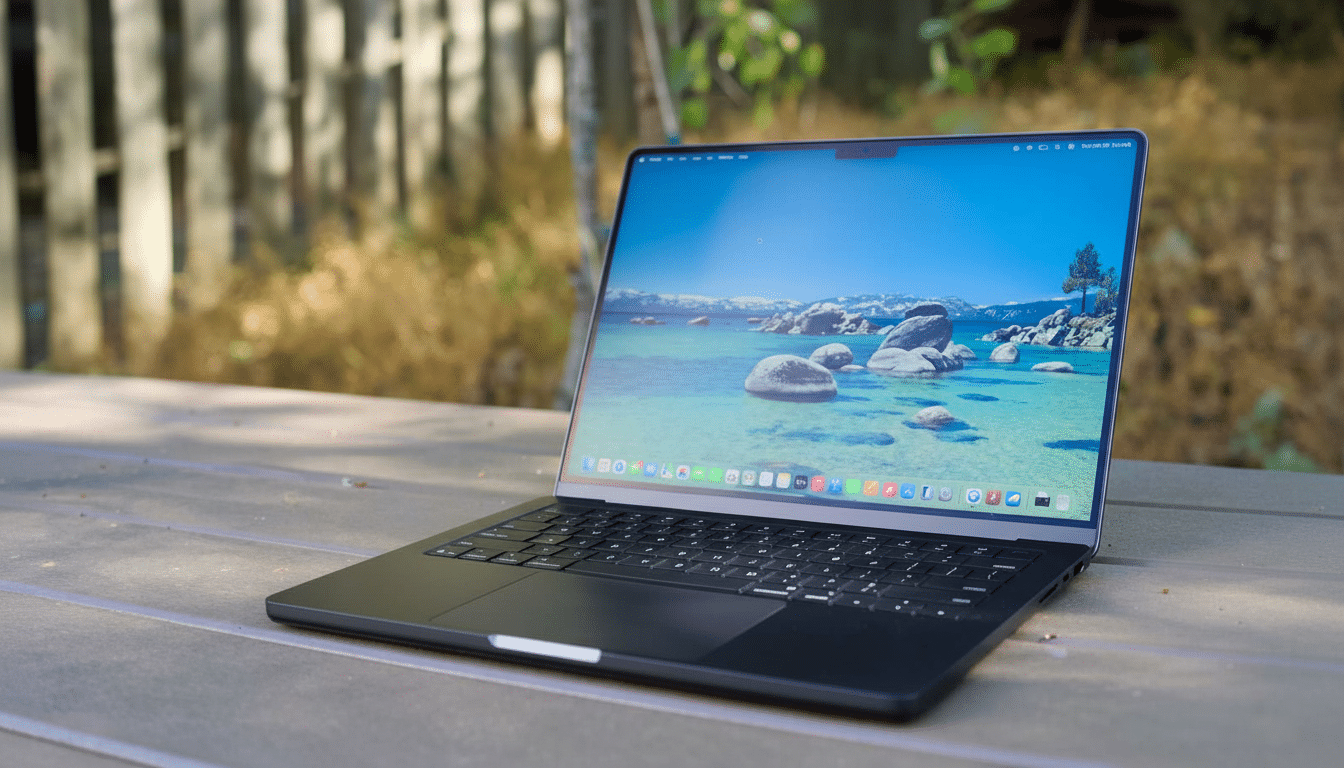 A modern laptop displaying a scenic desktop background, placed on a wooden outdoor table .
