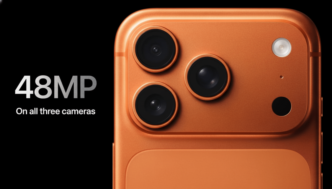 Close -up of an orange smartphone' s triple camera system with a flash , against a black background, with  48MP On all three cameras text. Filename : orangesmartphone 4 8mpcamera . png