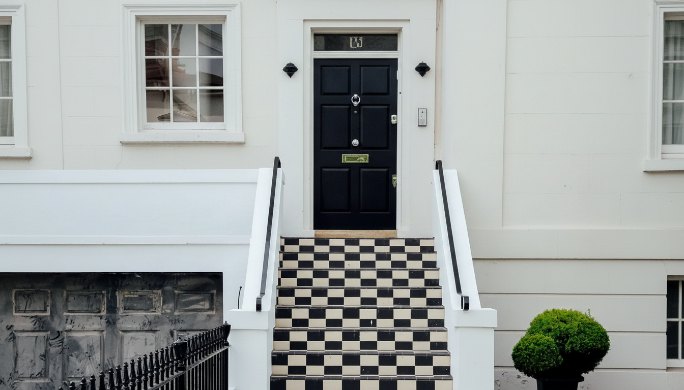A professional , enhanced image of a white building facade with a black door , a window to the left, and a set of stairs with black and white checkered steps leading up to the door.