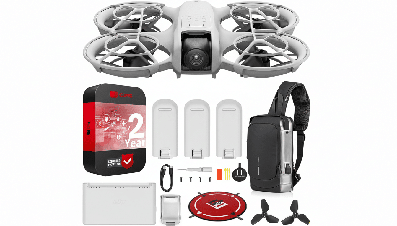 A white drone kit including the drone, three batteries, a charger, extra propellers, a landing pad, a carrying bag, and a two -year extended protectio