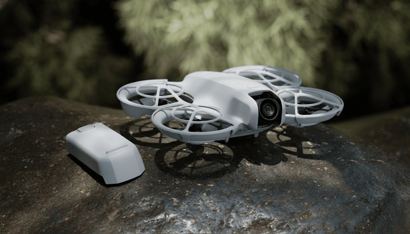A white drone with propeller guards and a separate battery pack resting on a textured, dark grey surface with a blurred green background.