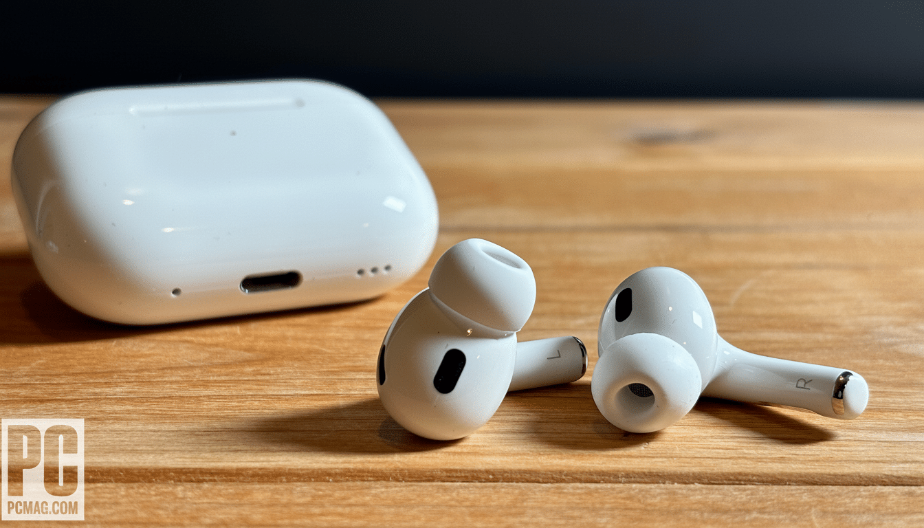 White wireless earbuds and their charging case resting on a wooden surface , resized to a 16: 9 aspect ratio.