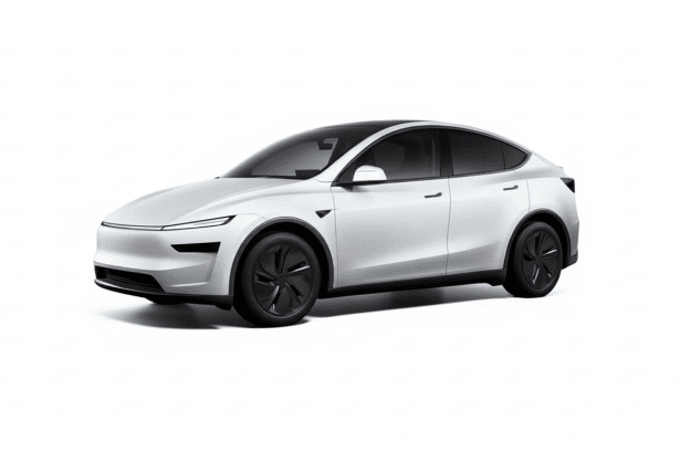 A white electric car with a sleek , modern design, black wheels, and a panoramic roof , presented against a clean white background. Filename : white electriccar professional.png