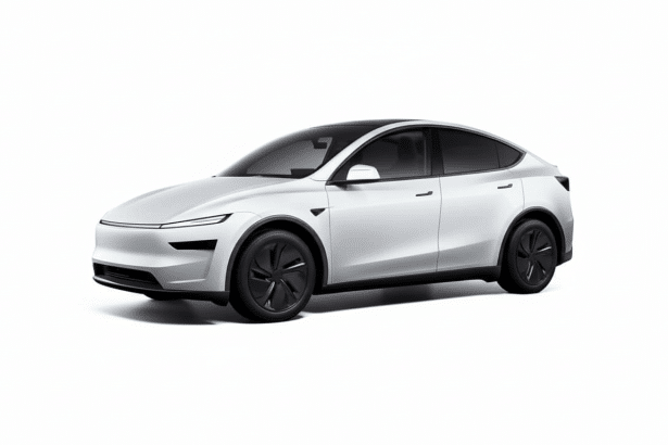 A sleek , white electric car with black wheels and a dark roof, presented against a professional flat design background with a subtle gradient. Filename : white electriccar professional.png