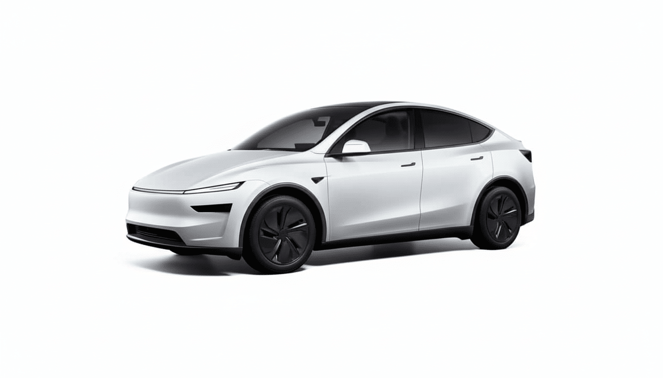 A sleek , white electric car with black wheels and a dark roof, presented against a professional flat design background with a subtle gradient. Filename : white electriccar professional.png