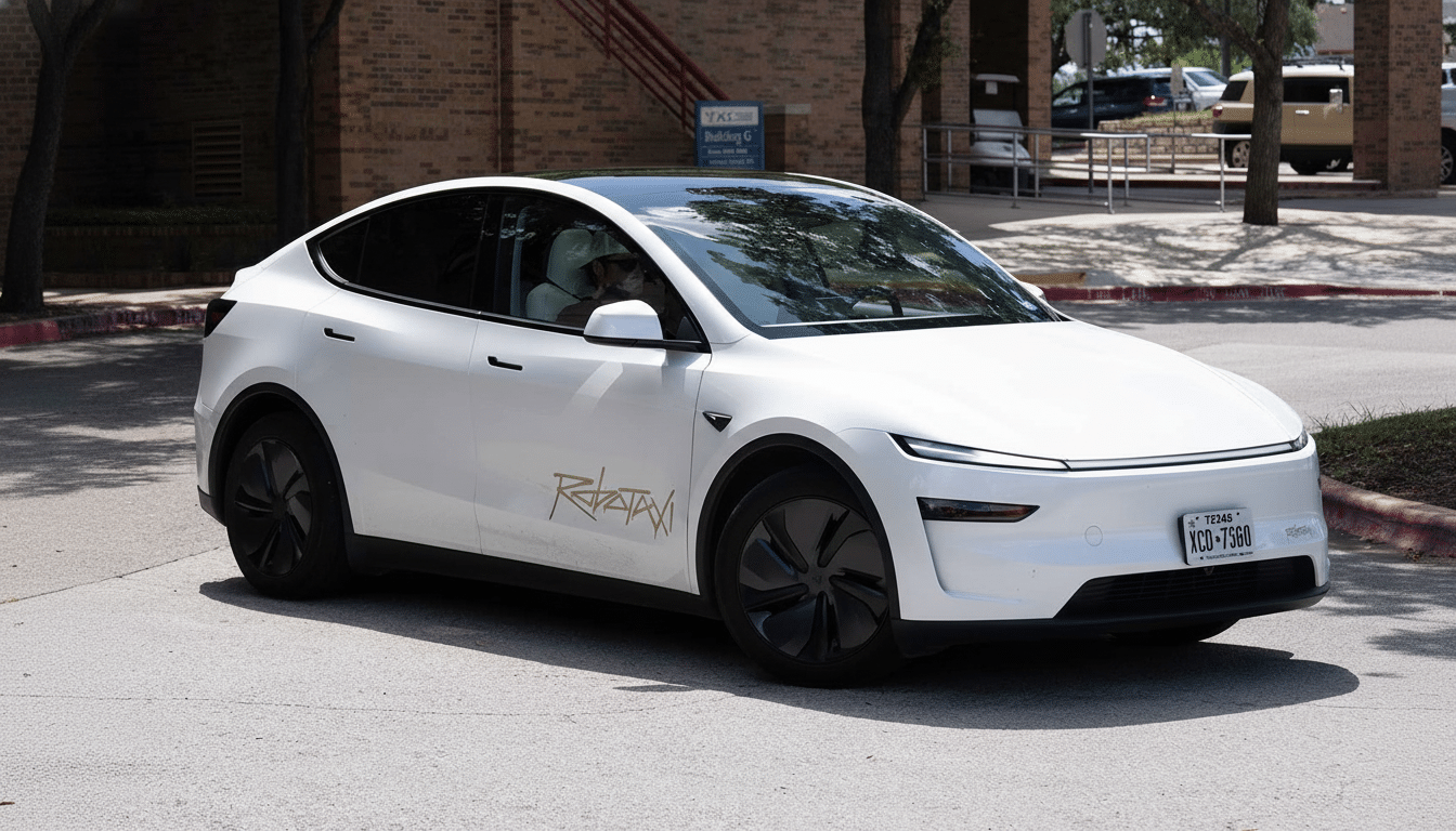 A white electric car with a dark roof and tinted windows, featuring a custom RIVIAN decal on the side, parked on asphalt with a building and trees in
