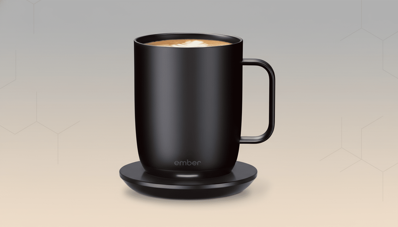 A matte black Ember smart mug with coffee , featuring a white latte art design , sitting on its black charging coaster. The background is a soft gradient from light beige to grey with subtle hexagonal patterns .