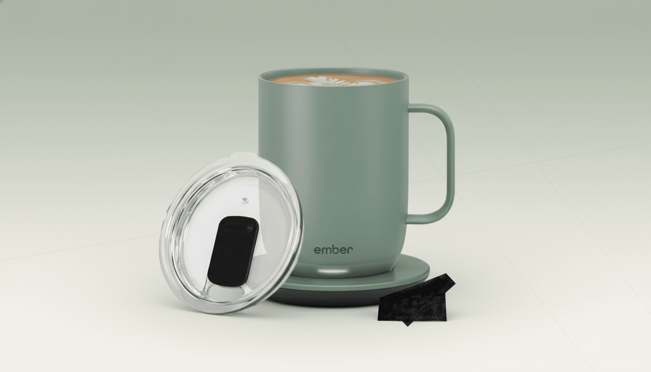 A sage green Ember smart mug with a latte art design on top, sitting on its charging coaster . Beside it is the clear lid with a black slider , and a small black tag that says SIGNATURE SERIES. The background is a soft, gradient professional flat design with subtle patterns .