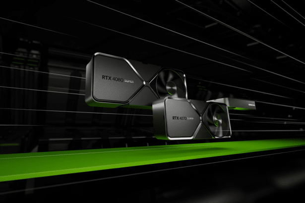 Two Nvidia RTX Super graphics cards , the RTX 40 80 Super and RTX 40 70 Super, displayed on a black and neon green background.