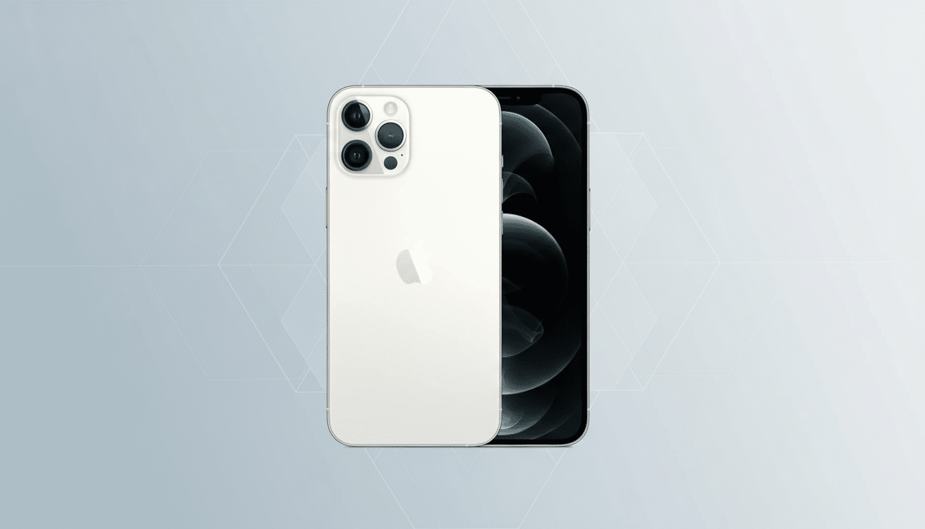 A white iPhone 1 2 Pro Max with its back and screen visible , set against a professional flat gray - blue background with a subtle geometric pattern.