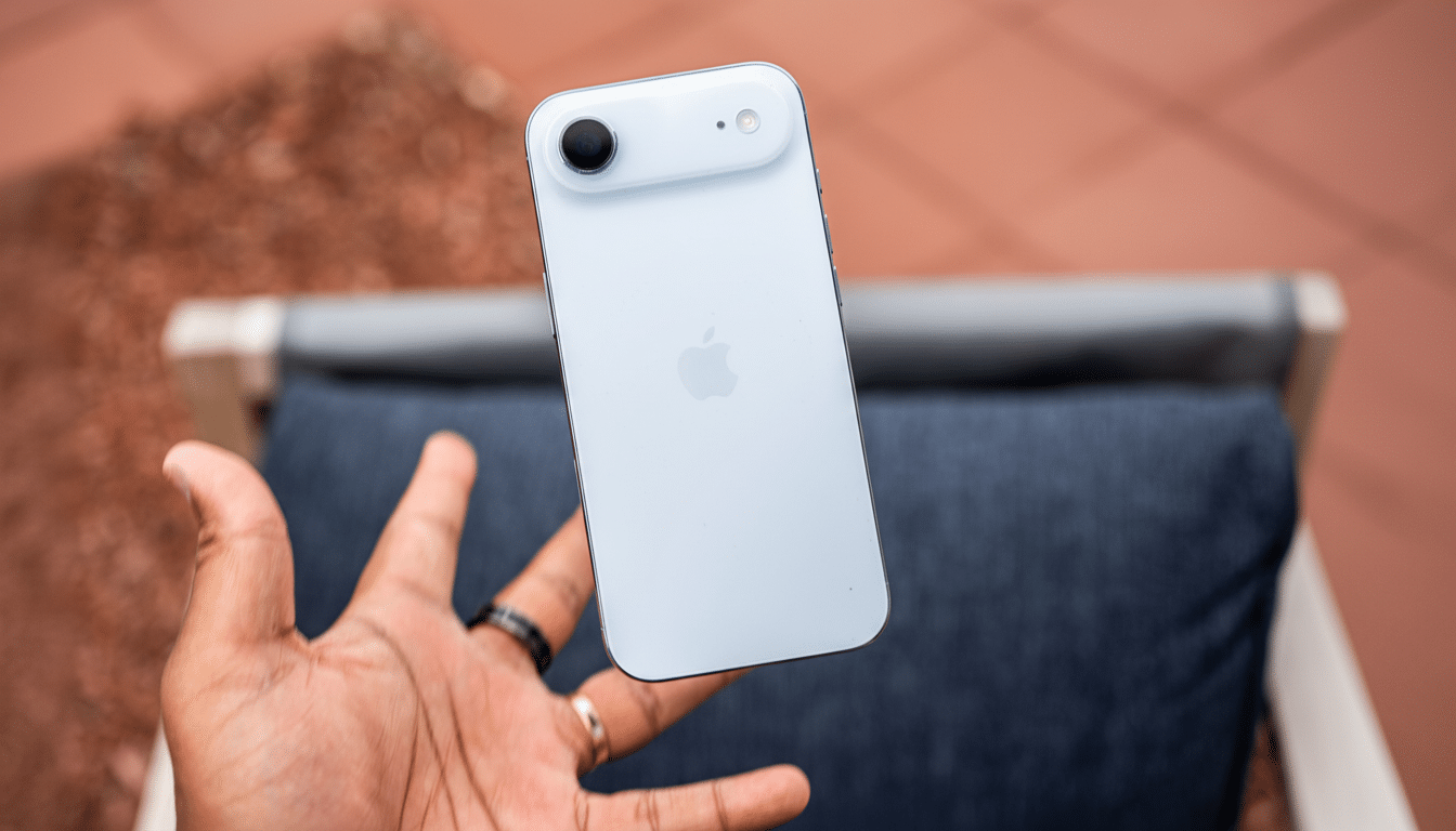 A hand holding a white iPhone 15 vertically, showcasing the back with its camera module and Apple logo, against a slightly blurred outdoor background