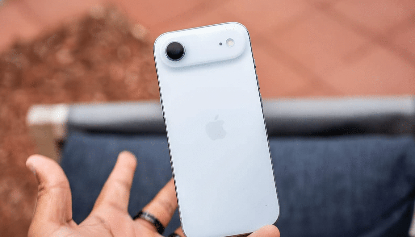 A hand holding a white iPhone with the Apple logo visible on the back, against a blurred background.