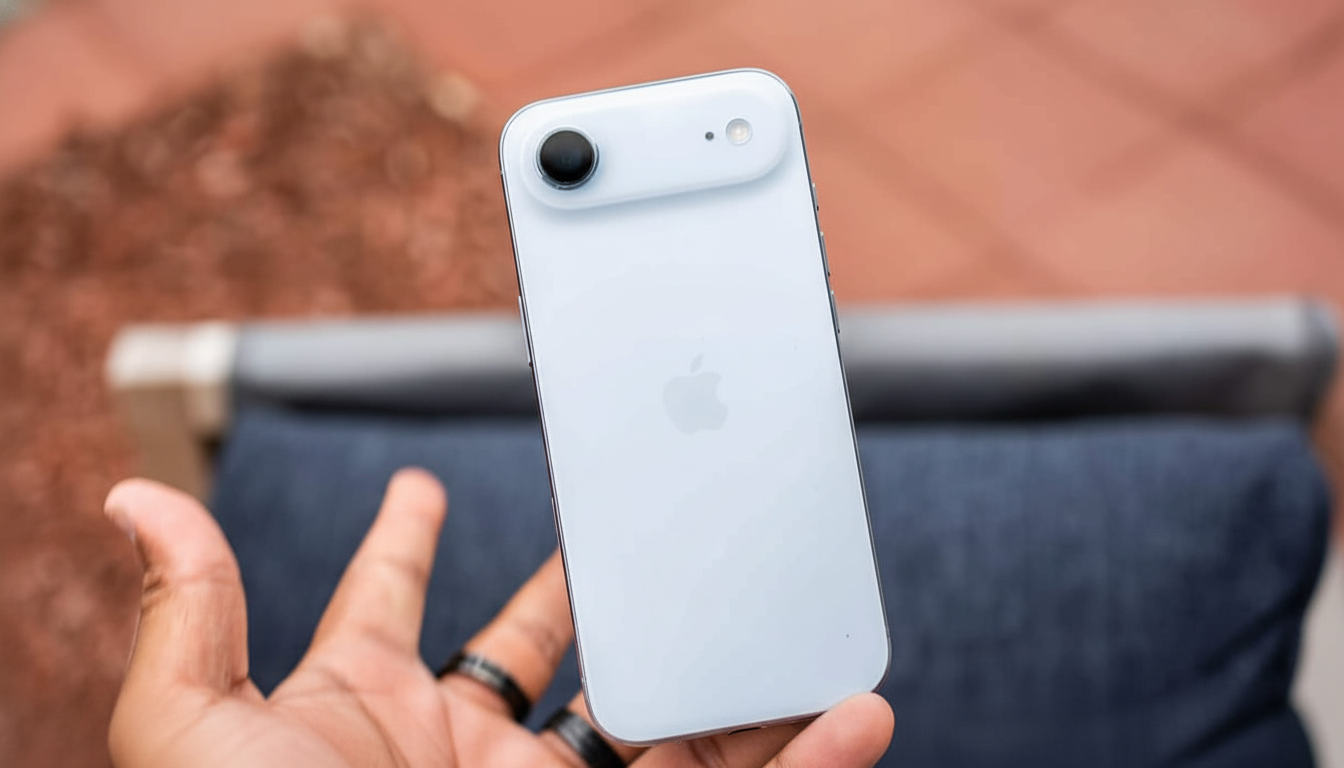 A hand holding a white iPhone with the Apple logo visible on the back.