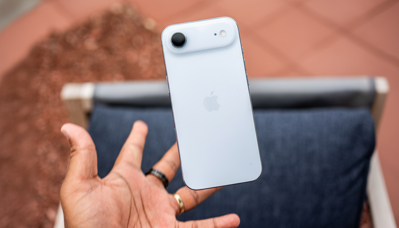 A hand holding a white iPhone with the Apple logo visible on the back, against a blurred outdoor background.