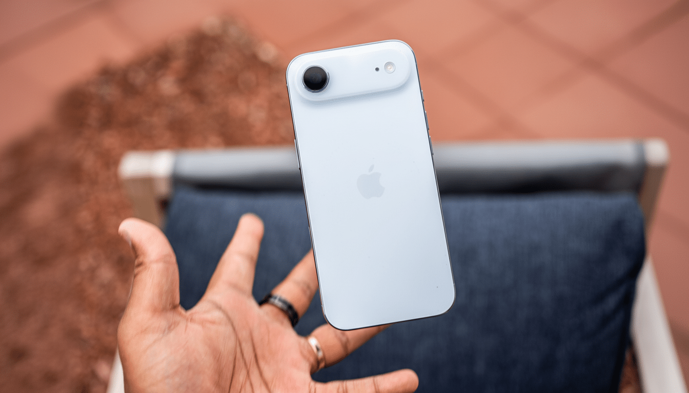 A hand holds a white iPhone, showcasing its back camera and Apple logo, with an outdoor background.