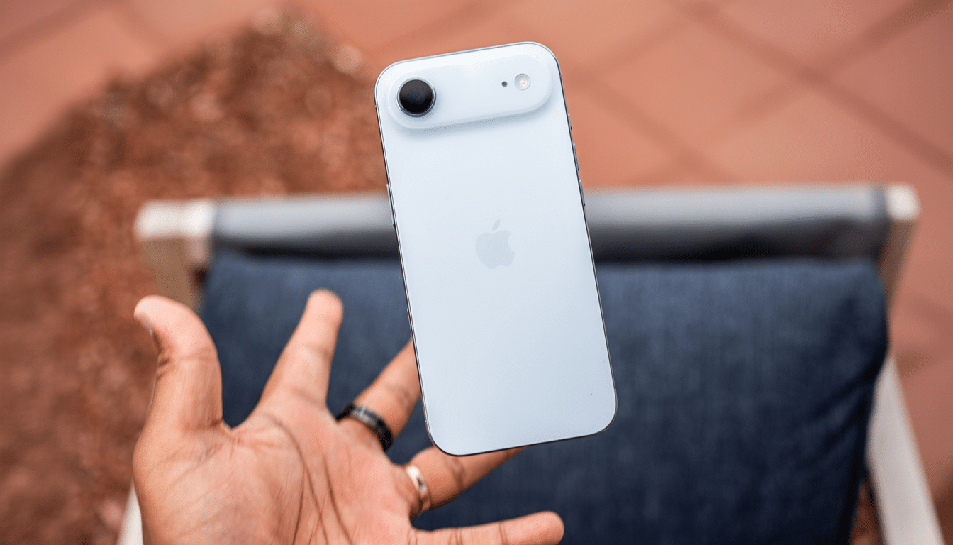 A hand holding a white iPhone with a single camera lens and an Apple logo on the back, against a blurred outdoor background.