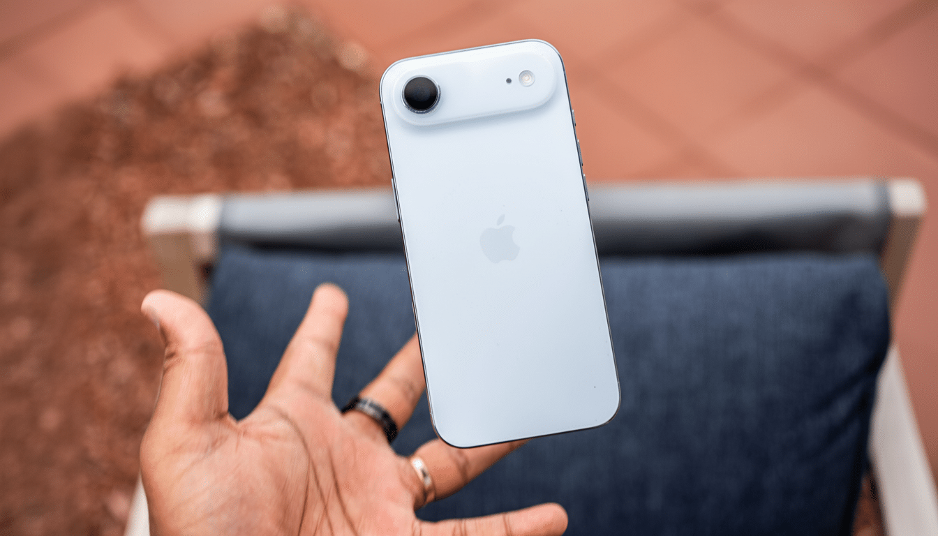 A hand holds a white iPhone, showcasing its back camera and Apple logo against a slightly blurred outdoor background.