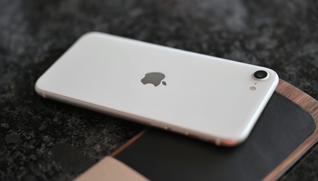 White iPhone with the Apple logo visible on the back, resting on a dark, textured surface with a wooden and leather notebook.