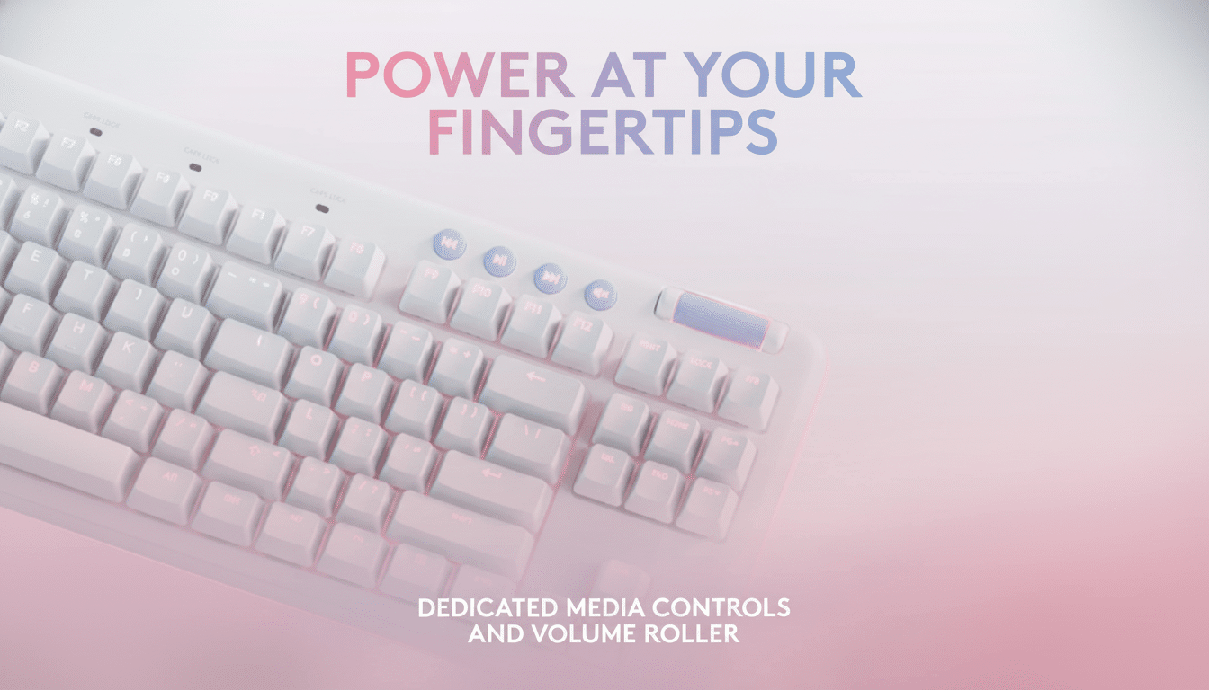 A white keyboard with  POWER AT YOUR F INGERTIPS and DED ICATED MEDIA CONT ROLS AND VOLUME ROLLER overlaid on a soft pink and purple gradient background. Filename : white keyboardpower fing ertips.png
