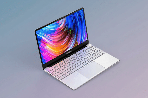 A white laptop with a colorful abstract display screen , angled on a professional flat background with a soft gradient. Filename : white laptopabstract display.png
