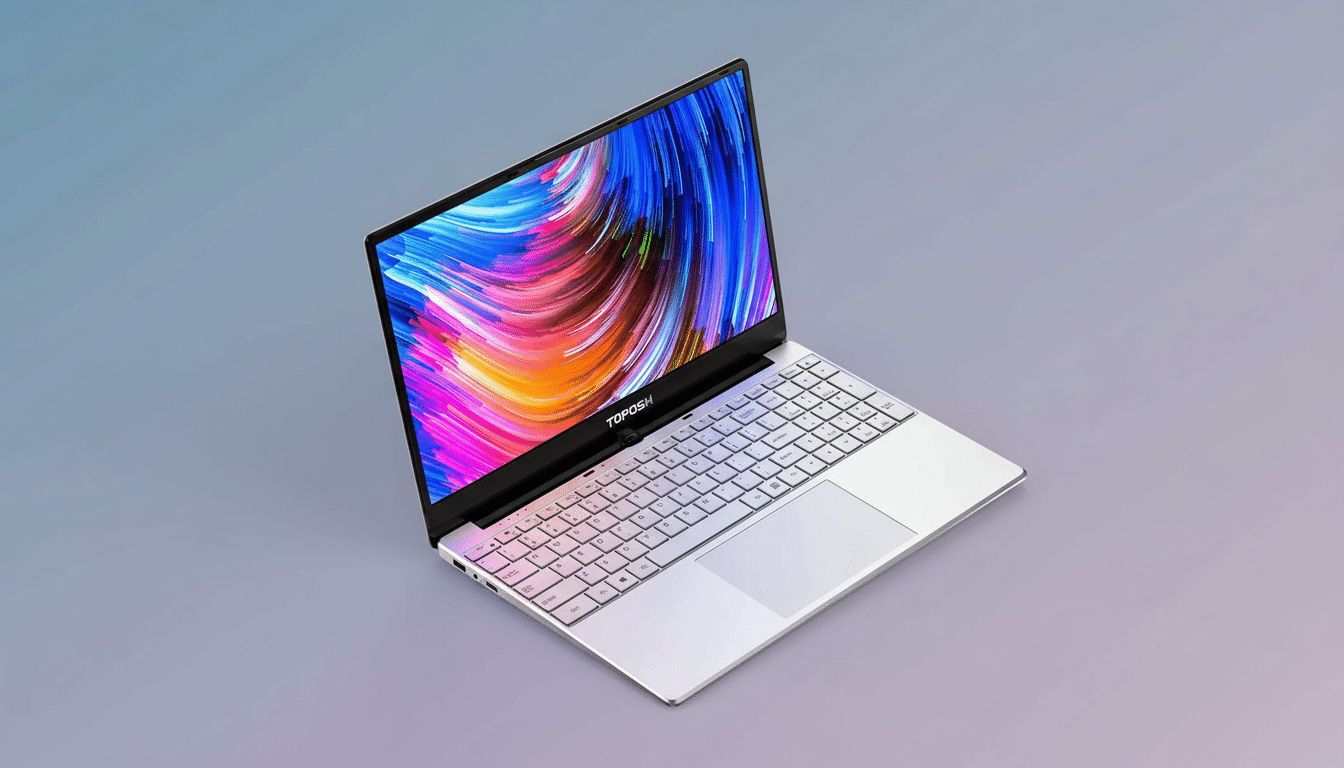 A white laptop with a colorful abstract display screen , angled on a professional flat background with a soft gradient. Filename : white laptopabstract display.png