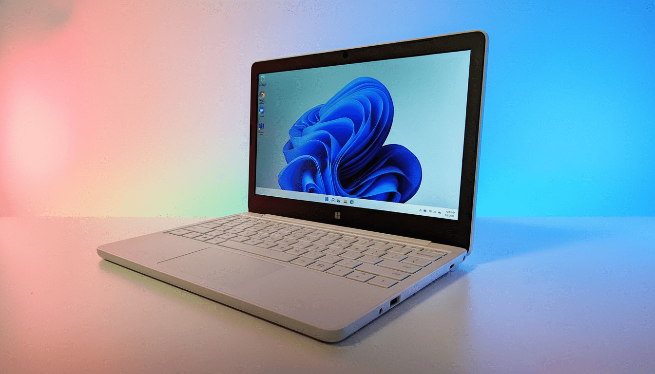 A white laptop with a Windows 11 desktop background, professionally enhanced and resized to a 16: 9 aspect ratio, showing the keyboard and screen from