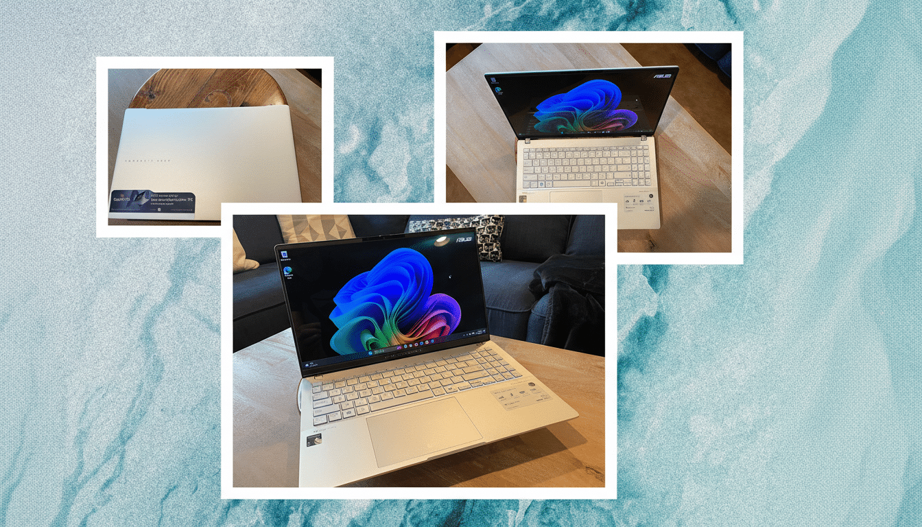 Three white laptops with vibrant screen displays are presented on wooden surfaces , against a subtle blue textured background. Filename : white laptops blue background.png