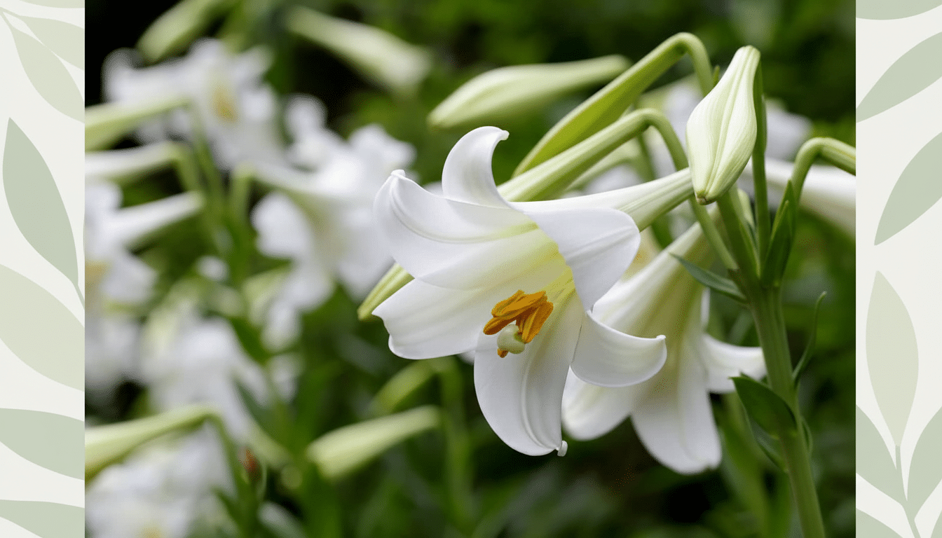 Close -up of a white lily in bloom, with a subtle professional flat design background featuring soft leaf patterns on either side to fit a 16: 9 aspect ratio.