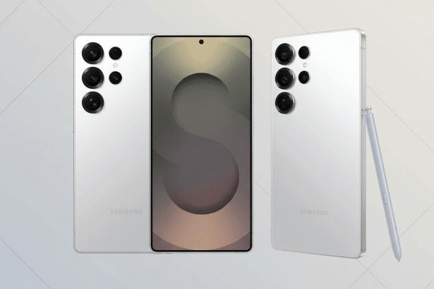 Three white Samsung smartphones , one displaying a screen, two showing their backs with multi -lens cameras , and one with a stylus . The background is a soft gray gradient with a subtle geometric pattern. Filename : white samsung smartphones.png