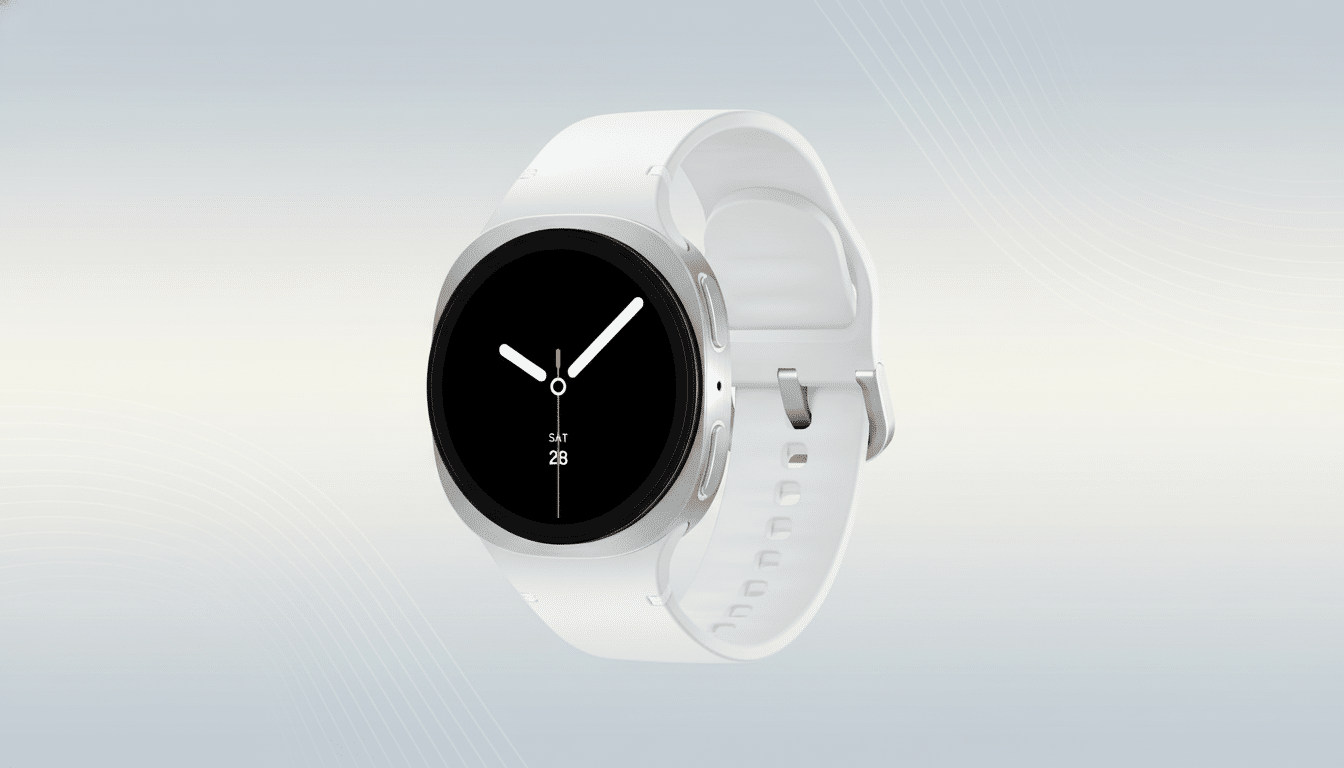 A white smartwatch with a silver casing and a black screen displaying the time and date ( SAT 28), set against a subtle gray and white gradient background. Filename : whitesmart watchprofessional display .png