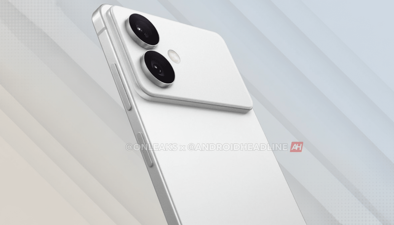 A professional , enhanced image of a white smartphone with dual cameras , presented in a 16: 9 aspect ratio with a subtle gray and white striped background.