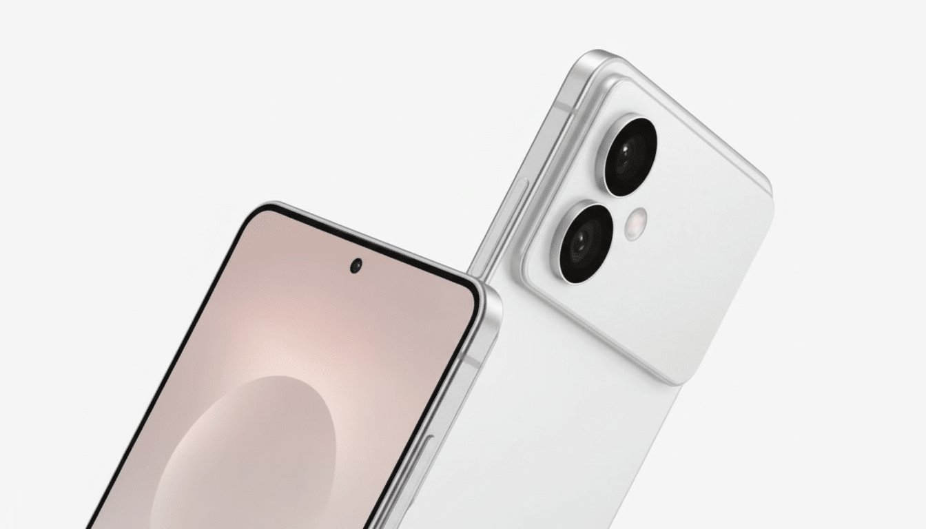 A professional close -up shot of two white smartphones , one partially obsc uring the other , showing their screens and camera modules against a clean , light background .