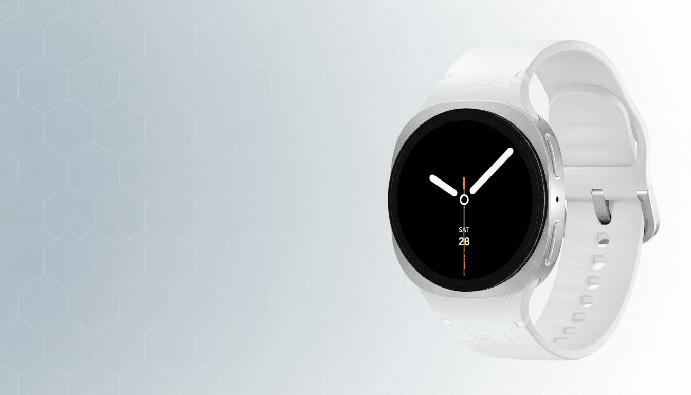 A white smartwatch with a black screen displaying the time and date, set against a professional light gray background with a subtle hexagonal pattern.
