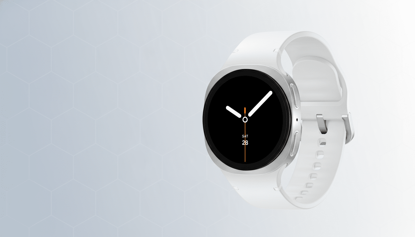 A white smartwatch with a silver casing and a black display showing the time and date, presented on a subtle grey geometric pattern background.