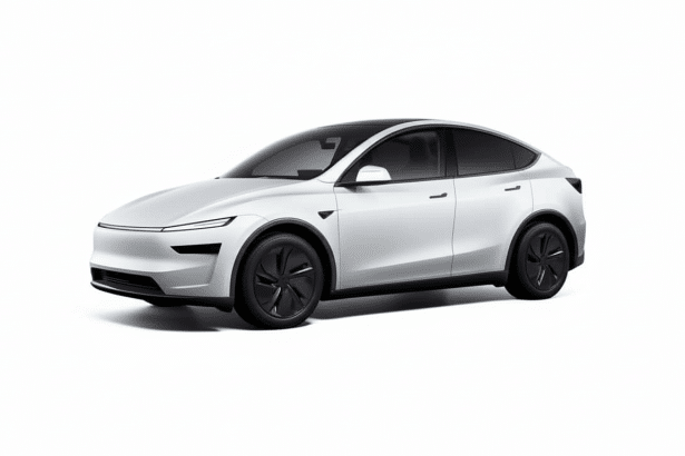 A professional, white Tesla Model Y is shown in a 16: 9 aspect ratio, presented on a minimalist white background.
