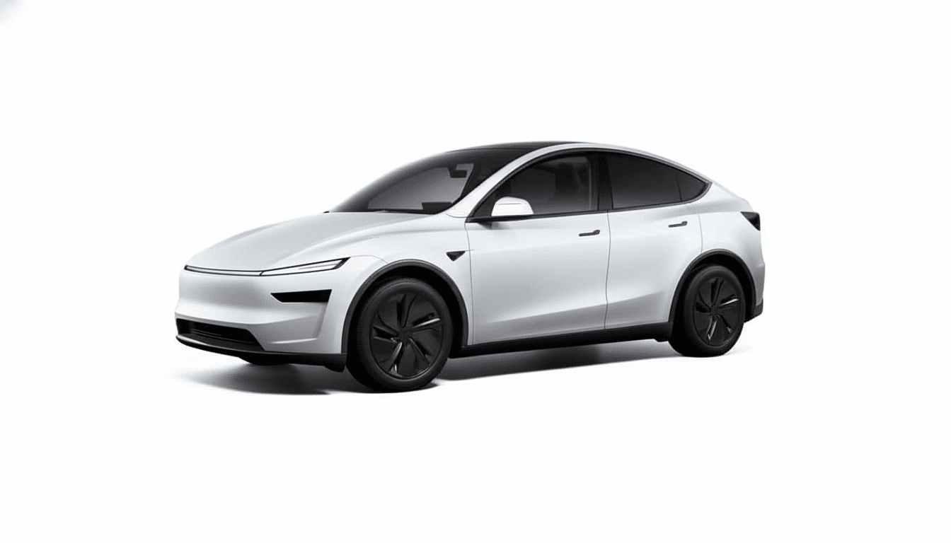 A professional, white Tesla Model Y is shown in a 16: 9 aspect ratio, presented on a minimalist white background.