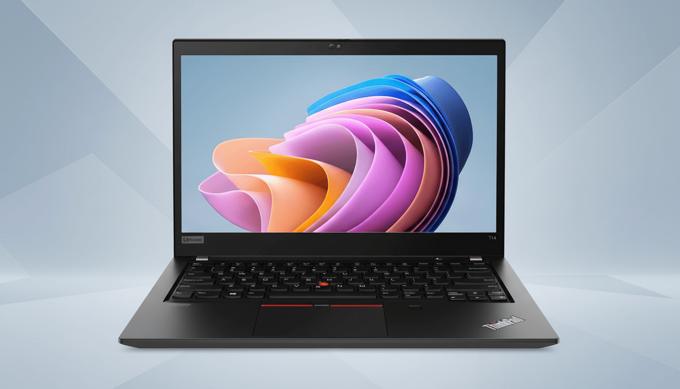 A black Lenovo ThinkPad T 14 laptop with a colorful abstract wallpaper displayed on its screen, set against a professional light grey background with