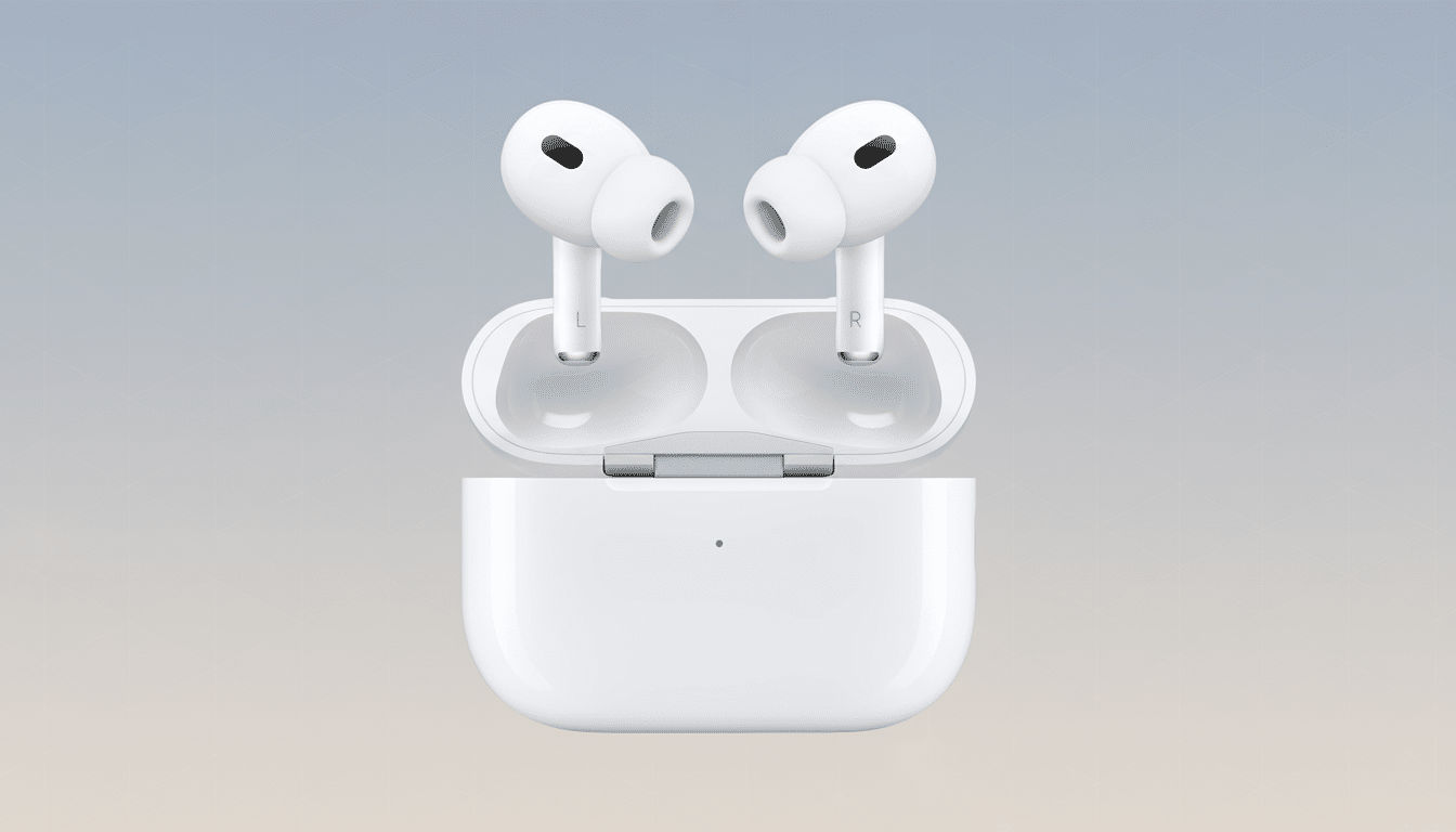 A pair of white wireless earbuds with their charging case, presented professionally on a gradient background with soft geometric patterns.